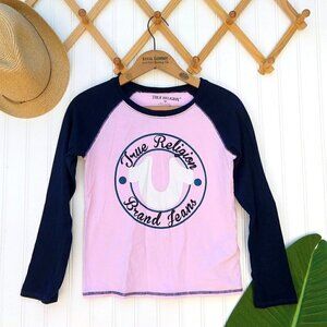 True Religion Crop Top Baby Tee Shirt Size M Pink Blue Ringer 3/4 Sleeve Cotton